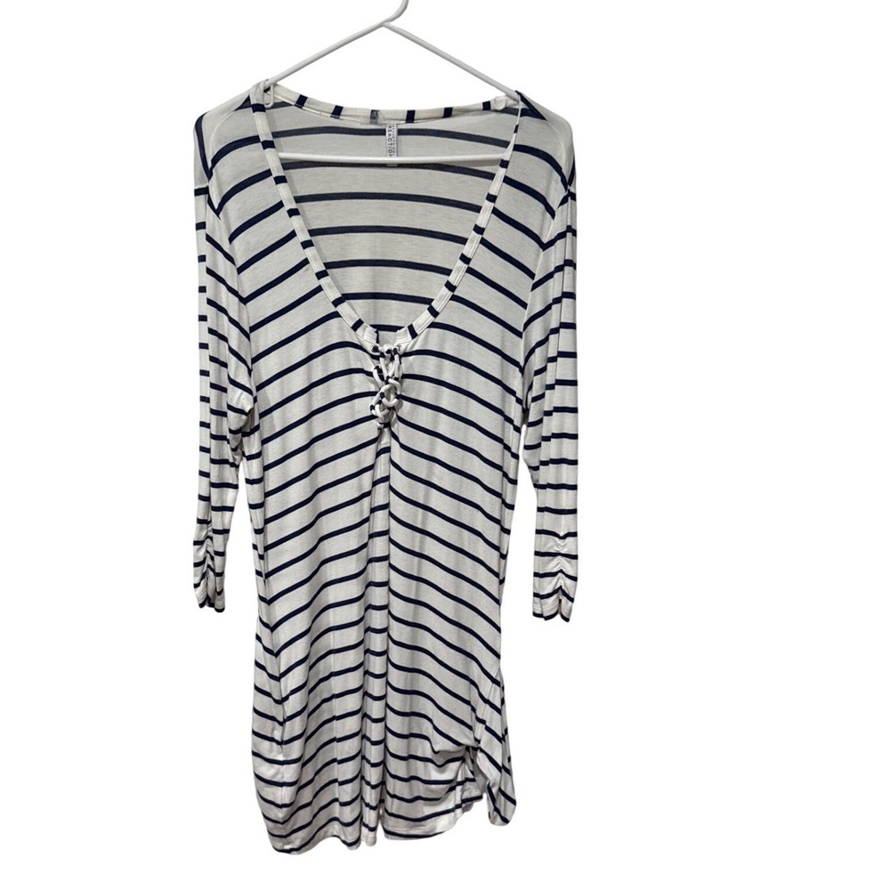 Kenneth Cole Reaction Womens Navy White Striped Dress V-Neck Tunic 3/4 Sleeve